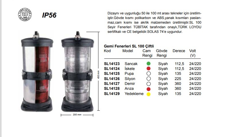 SL100 ÇİFTLİ İSKELE BORDO FENERİ 112,5°