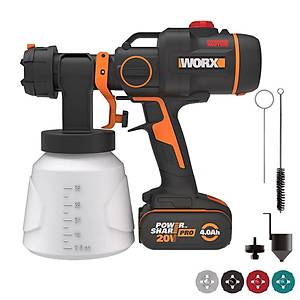 WORX WX020 20Volt 4.0Ah. Li-ion Tek Ak�l� K�m�rs�z Devir Ayarl� Boya Tabancas� + 4 Par�a Yedek Nozul/Meme