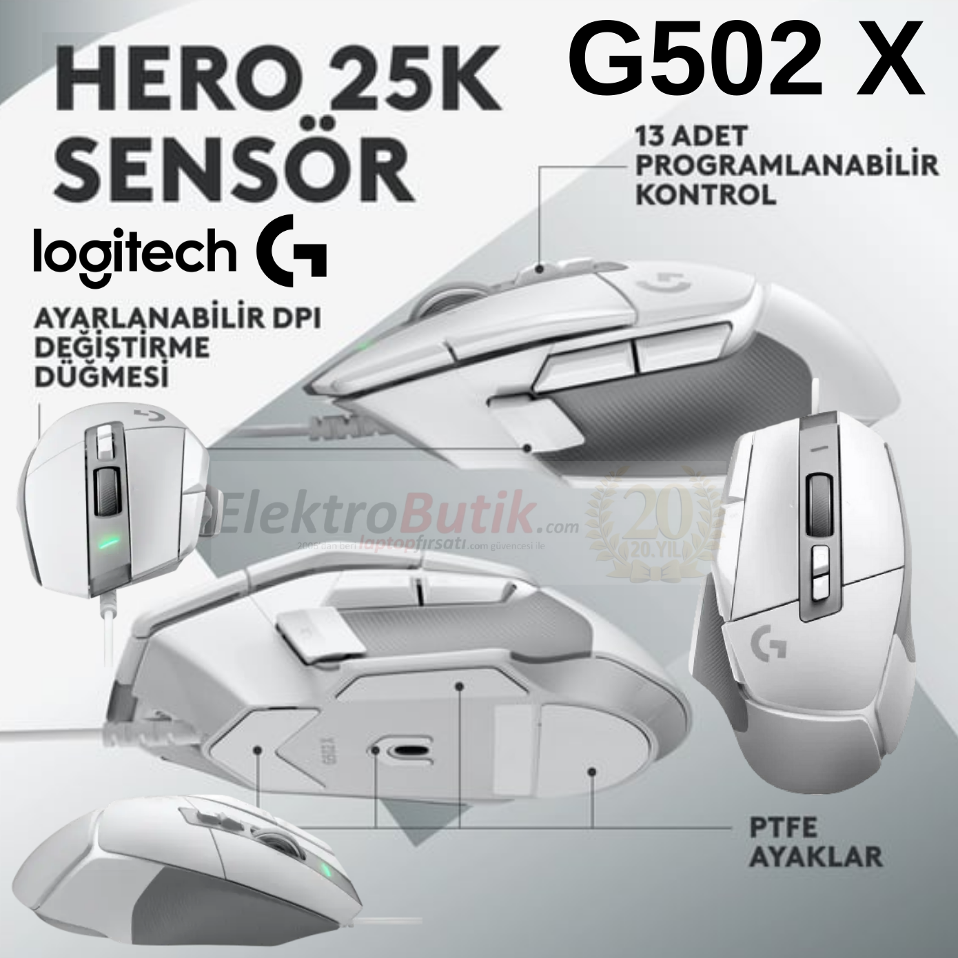 Logitech G G502 X Beyaz 910-006147 Hero 25K Lightforce Optik Kablolu Oyuncu Mouse