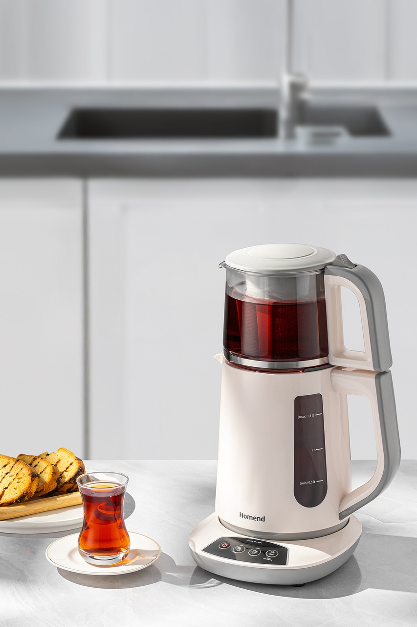 Homend Royaltea 1757H 1700W Konuşan Cam Demlikli Çay Makinesi Beyaz