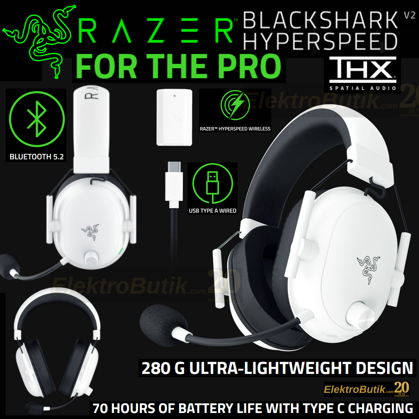 Razer BlackShark V2 HyperSpeed Beyaz RZ04-04960200-R3M1 HyperSpeed Kablosuz E-Spor Oyuncu Kulaklık