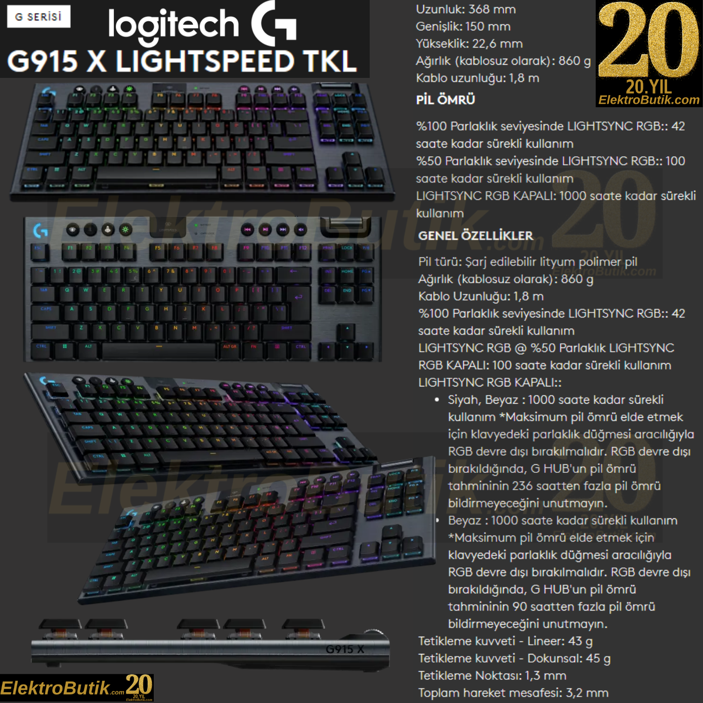 Logitech G915 X Lightspeed TKL Siyah 920-012721 RGB Tactile Switch Kablosuz Mekanik Oyuncu Klavyesi