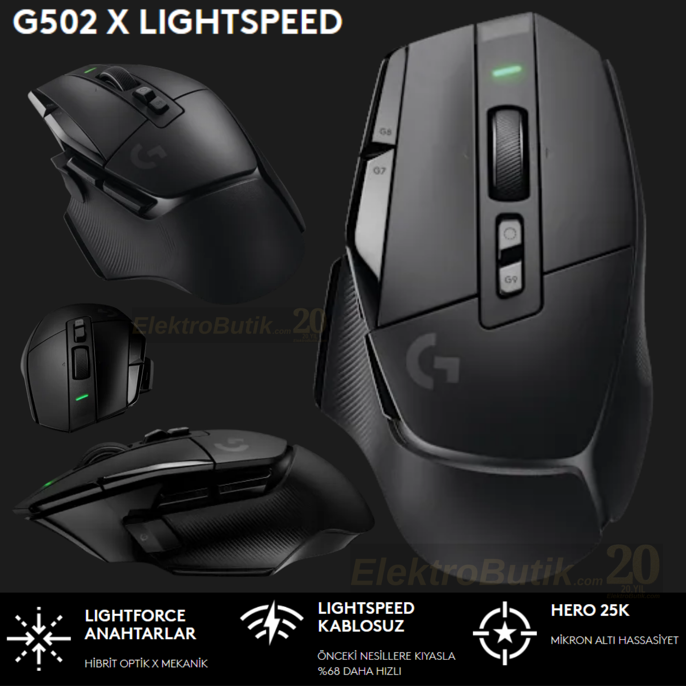 Logitech G502 X Plus LIGHTSYNC Siyah  910-006181 Hero 25K Optik Şarjlı Kablosuz Oyuncu Mouse