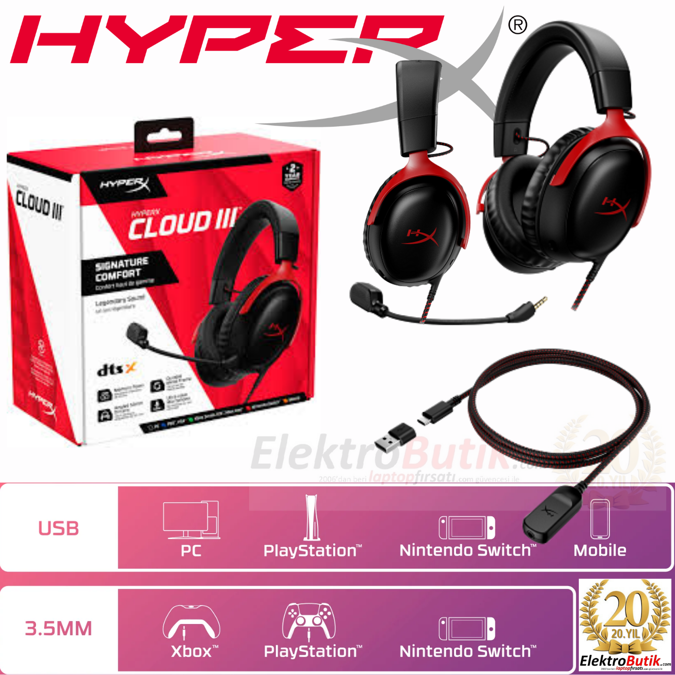 HyperX Cloud III Siyah-Kırmızı DTS X 727A9AA Kablolu Oyuncu Kulaklığı