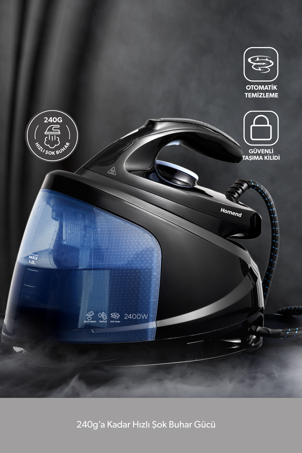 Homend Steamwork 1169H 2400 W Siyah Mavi Buhar Kazanlı Ütü