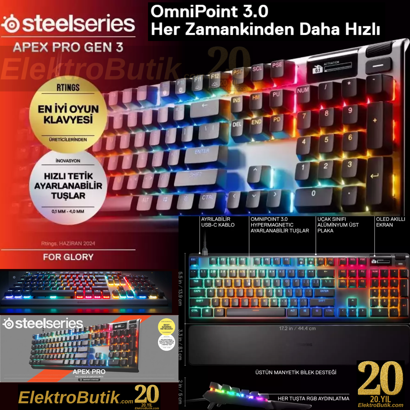 SteelSeries Apex Pro Gen 3 Omnipoint 3.0 SSK64661 Hipermanyetik Switch Rgb Mekanik Oyuncu Klavyesi (Uk