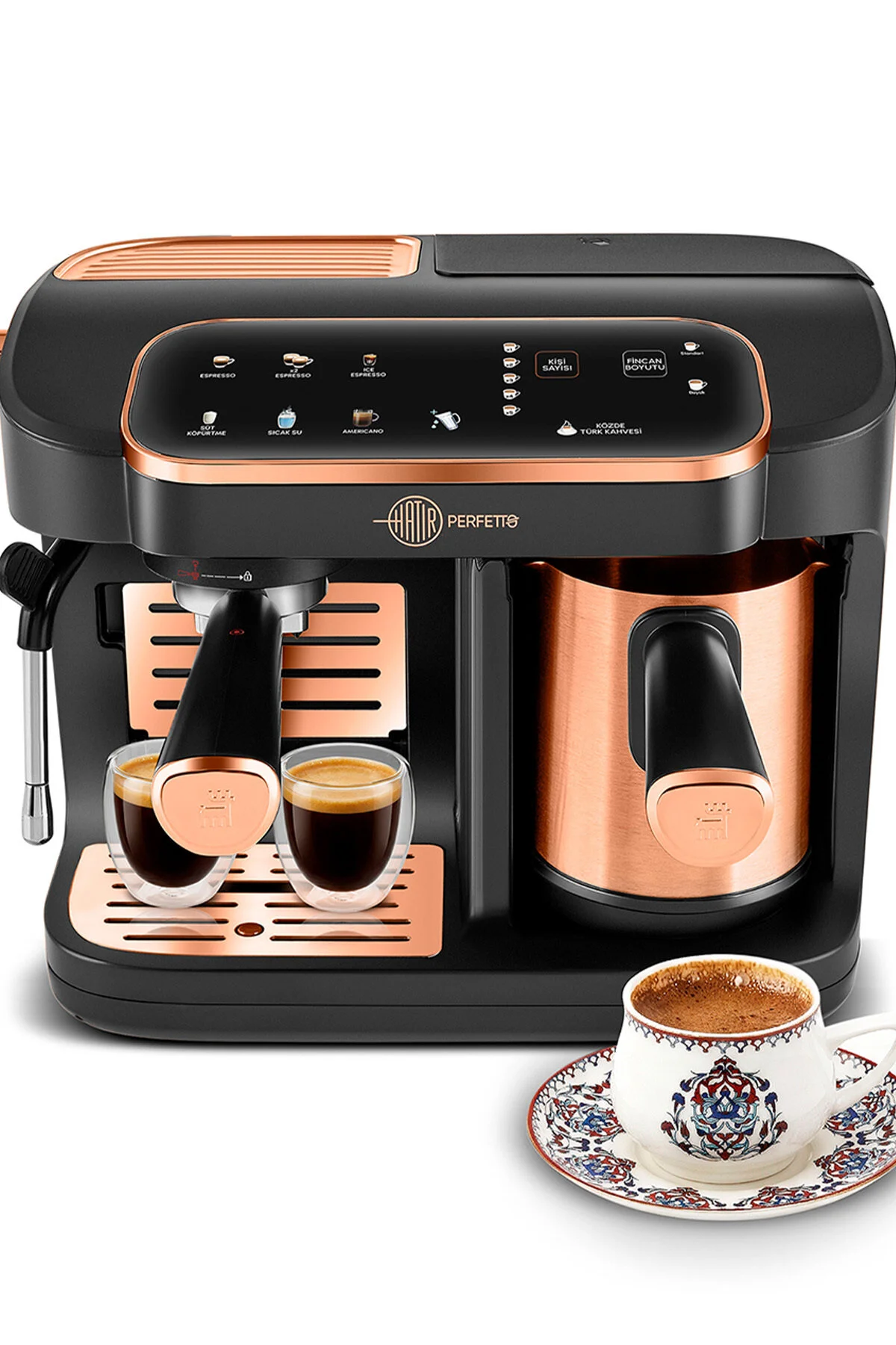 Karaca Hatır Perfetto Dijital ve Dokunmatik Ekranlı Çelik Cezveli Espresso ve Türk Kahve Makinesi Copper