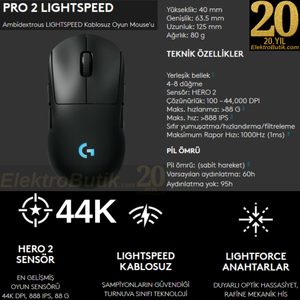 Logitech G Pro 2 Lightspeed Siyah 910-007296 44K Hero 2 Optik LIGHTSYNC RGB �arjl� 80gram Kablosuz Oyuncu Mouse