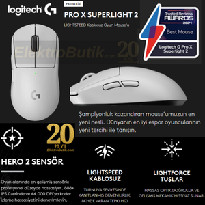 Logitech G PRO X Superlight 2 Beyaz 910-006639 44K Lightspeed Hero 2 Optik �arjl� 60gram Kablosuz Oyuncu Mouse