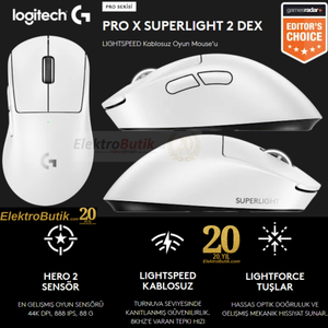 Logitech G PRO X Superlight 2 DEX Beyaz 910-007366 44K Lightspeed Hero 2 Optik �arjl� 60gram Kablosuz Oyuncu Mouse