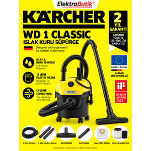 Karcher WD 1 Classic 850W 12 Litre Hazne �fleme �zellikli Islak Kuru Elektrikli S�p�rge 1.628-411.0 (Karcher T�rkiye Garantili)