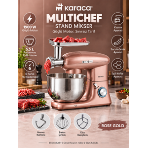 Karaca Multichef Pembe Stand Mikser Rosegold Mutfak �efi 1900W 5,5 Lt (K�yma �ekme /Sucuk-Sosis/��li K�fte Aparatl�)