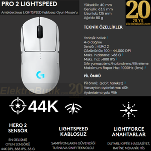 Logitech G Pro 2 L�ghtspeed Beyaz 910-007303 44K Hero 2 Optik LIGHTSYNC RGB �arjl� 80gram Kablosuz Oyuncu Mouse