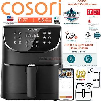 COSORI AKILLI SMART WI-FI UYGULAMA DESTEKLI PREMIUM 5.5LT 1700W DOKUNMATIK AIRFRYER SIYAH CS158-AF 