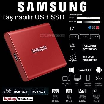 Samsung T7 500GB MU-PC500R/WW 1050MB-1000MB/Sn USB 3.2 Gen2 Harici SSD KIRMIZI 3 YIL Samsung TURKIYE Garantili