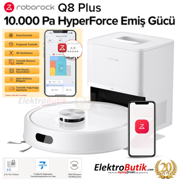 Roborock Q8 Plus 10.000 PA HyperForce Cekis Gucu Ak�ll� Robot Robot S�p�rge - Beyaz 2 YIL ROBOROCK TURKIYE GARANTILI