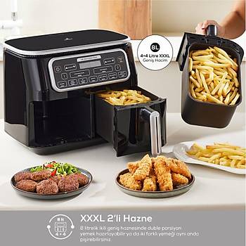 KARACAAIR PRO COOK DUO TANDIR XXXL 4+4 LITRE AIRFRYER SPACE GRAY BLACK 8 KISILIK FRITOZ