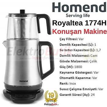 Homend Royaltea Elegant 1774H Konusan Cay Makinesi 1800W 1,7 lt Celik Isitici 1Lt. Cam Demlik