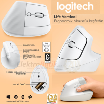 Logitech Lift BEYAZ 910-006475 Ergonomik Dikey Optik Kablosuz Mouse