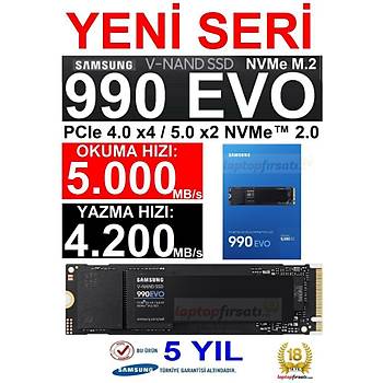 Samsung 990 EVO 1TB MZ-V9E1T0BW 5000MB-4200MBsn PCIe 4.0 x4 NVMe 2.0 M.2 SSD 5 YIL Samsung TURKIYE Garantili