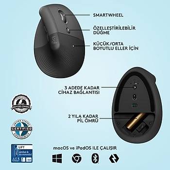 LOGITECH LIFT GELISMIS ERGONOMIK DIKEY MOUSE SIYAH 910-006473