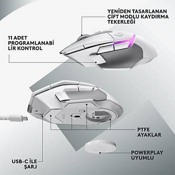 LOGITECHG G502 X PLUS KABLOSUZ HERO 25K SENSORLU RGB AYDINLATMALI OYUNCU MOUSE BEYAZ 910-006172