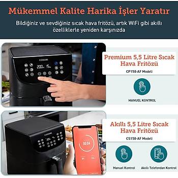 COSORI AKILLI SMART WI-FI UYGULAMA DESTEKLI PREMIUM 5.5LT 1700W DOKUNMATIK AIRFRYER SIYAH CS158-AF 