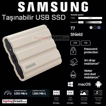Samsung T7 Shield 2TB MU-PE2T0K/WW 1050MB-1000MB/Sn USB 3.2 Gen2 Harici SSD Bej 3 YIL Samsung TURKIYE Garantili