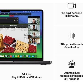 Apple MacBook Pro 14 M3 2023 11C. CPU 14C.GPU M3 PRO Chip 18GB 512GB SSD 14 macOS Uzay Siyahi MRX33TU/A 2 YIL APPLE TURKIYE GARANTILI