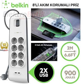 Belki Bsv804Vf2M Akm Korumal Uzatma Priz,8 kl Priz,2,4A kl Iki (2) Adet Usb Balat Okt