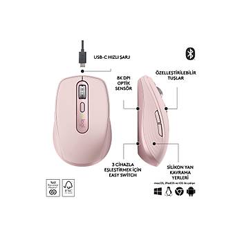 Logitech MX Anywhere 3S Kompakt 8000 DPI Optik Sensrl Sessiz Bluetooth Kablosuz Mouse, Pembe 910-006931