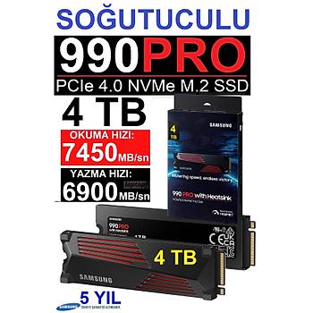 Samsung 990 PRO Sogutuculu 4TB MZ-V9P4T0CW 7450MB-6900MB/Sn PCIe 4.0 x4 NVME 2.0 M.2 SSD 5 YIL Samsung TURKIYE Garantili