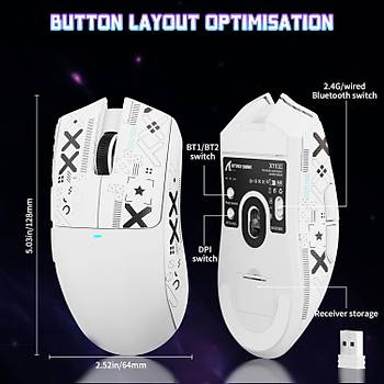 ATTACK SHARK X11 SE �arjl� Makrolu Ergonomik Optik Kablosuz Oyuncu Mouse + Etiket PixArt PAW3311 Sens�r, 22000 DPI, BT/2.4G AS-X11SE-WH