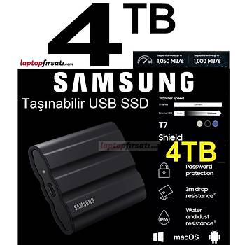 Samsung T7 Shield 4TB MU-PE4T0S/WW 1050MB-1000MB/Sn USB 3.2 Gen2 Harici SSD Siyah 3 YIL Samsung TURKIYE Garantili