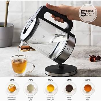 Karaca Cam Su Is�t�c� 1,7 Lt 5 Kademeli S�cakl�k Ayar� LED I��kl� Otomatik Kapanma �zellikli