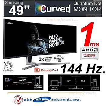 Samsung LC49HG90DMMXUF 49 1ms (2xHDMI+Display+mDisplay) Curved FreeSync 2 HDR600 QLED IPS Oyuncu Monitr