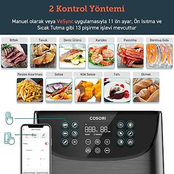 COSORI AKILLI SMART WI-FI UYGULAMA DESTEKLI PREMIUM 5.5LT 1700W DOKUNMATIK AIRFRYER SIYAH CS158-AF 