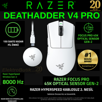 Razer DeathAdder V4 Pro Beyaz RZ01-05330200-R3G1 Optik 45K Kablosuz Oyuncu Mouse
