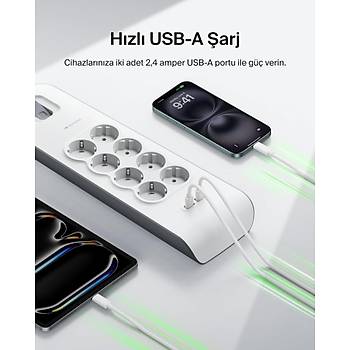 Belki Bsv804Vf2M Akm Korumal Uzatma Priz,8 kl Priz,2,4A kl Iki (2) Adet Usb Balat Okt