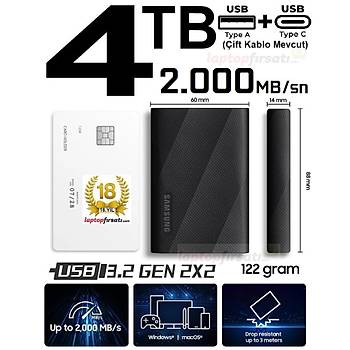 Samsung T9 4TB MU-PG4T0B 2.000MBsn USB 3.2 Gen 2x2 Tasinabilir Harici SSD Siyah 3 YIL Samsung TURKIYE Garantili
