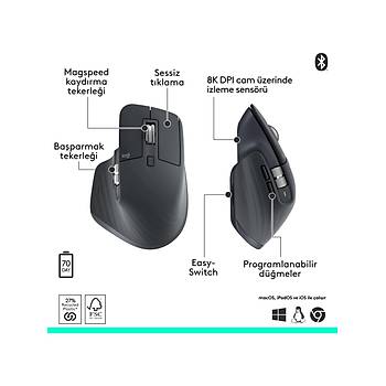 Logitech Mx Master 3s Bluetooth Edition Performans 8000 Dp� Sarjedilebilir Optik Sessiz Kablosuz Mouse, Siyah 910-007501