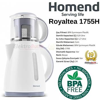 Homend Royaltea 1755H Cay Makinesi 1700W 1,7lt BPA Free Isitici 0,9 Lt. BPA Free Demlik