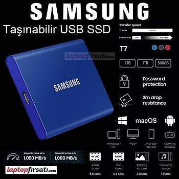 Samsung T7 2TB 1050MB/1000MB USB 3.2 Gen2 Taþýnabilir SSD Lacivert MU-PC2T0H/WW (3 Yýl Samsung Türkiye Garantili)