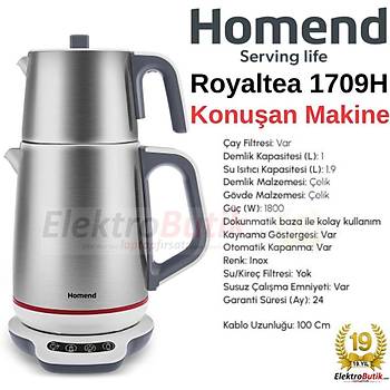 Homend Royaltea 1709H Dokunmatik Konuan Celik Cay Makinesi 1800W 1,9Lt Celik Isitici 1Lt. Celik Demlik 