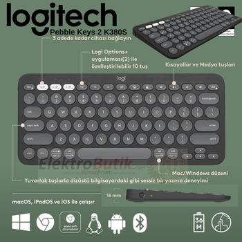 Logitech Pebble Keys 2 K380S 920-011859 Siyah TKL Q Kablosuz Klavye
