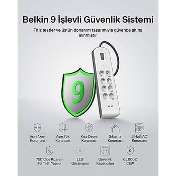 Belki Bsv804Vf2M Akm Korumal Uzatma Priz,8 kl Priz,2,4A kl Iki (2) Adet Usb Balat Okt