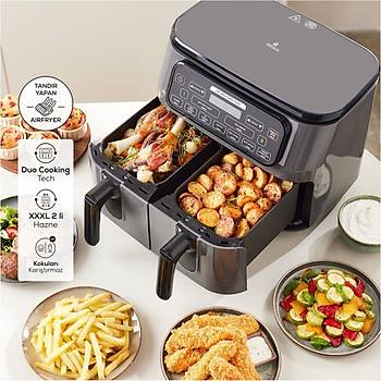 KARACAAIR PRO COOK DUO TANDIR XXXL 4+4 LITRE AIRFRYER SPACE GRAY BLACK 8 KISILIK FRITOZ