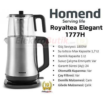 Homend Royaltea Elegant 1777H Inox Cay Makinesi 1800W 1,7lt Celik Isitici 1Lt. Cam Demlik 