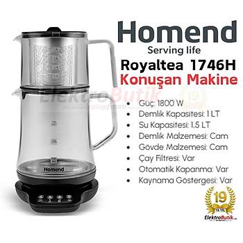 Homend Royaltea 1746H Konusan CAM Cay Makinesi 1800W 1,5lt CAM Isitici 1Lt. Cam Demlik
