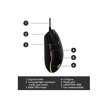 Logitech 910-005823 G102 LightSync Black 8000DPI 6 Tu� Optik RGB Siyah Kablolu Gaming (Oyuncu) Mouse